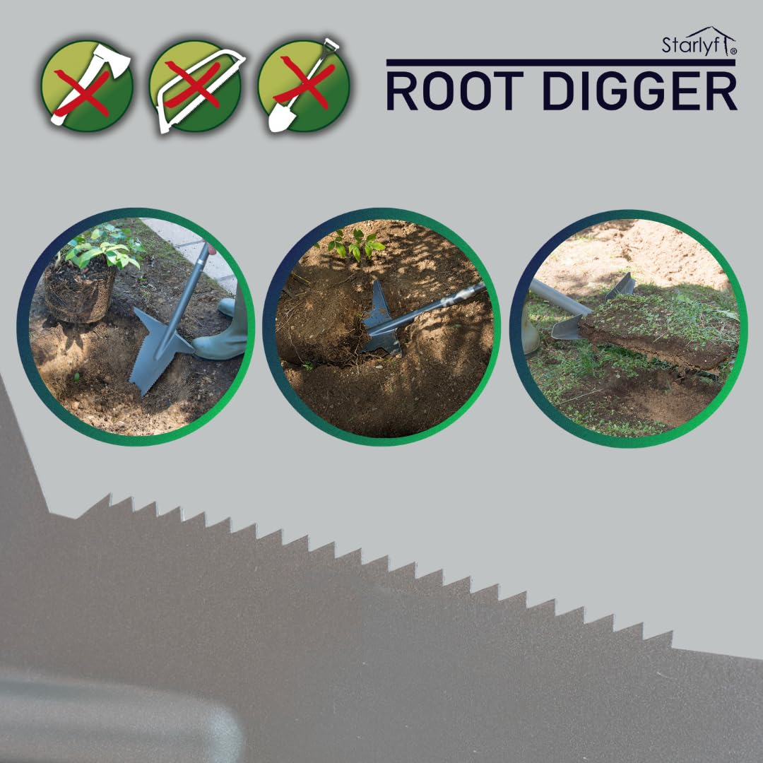 STARLYF Root Digger, Pala Profesional para raíces, Sierras Afiladas en los Laterales, Raíces difíciles, Tierra arcillosa, Zonas con Piedras, con Sierra (Pala 5 in 1 - Detachable)