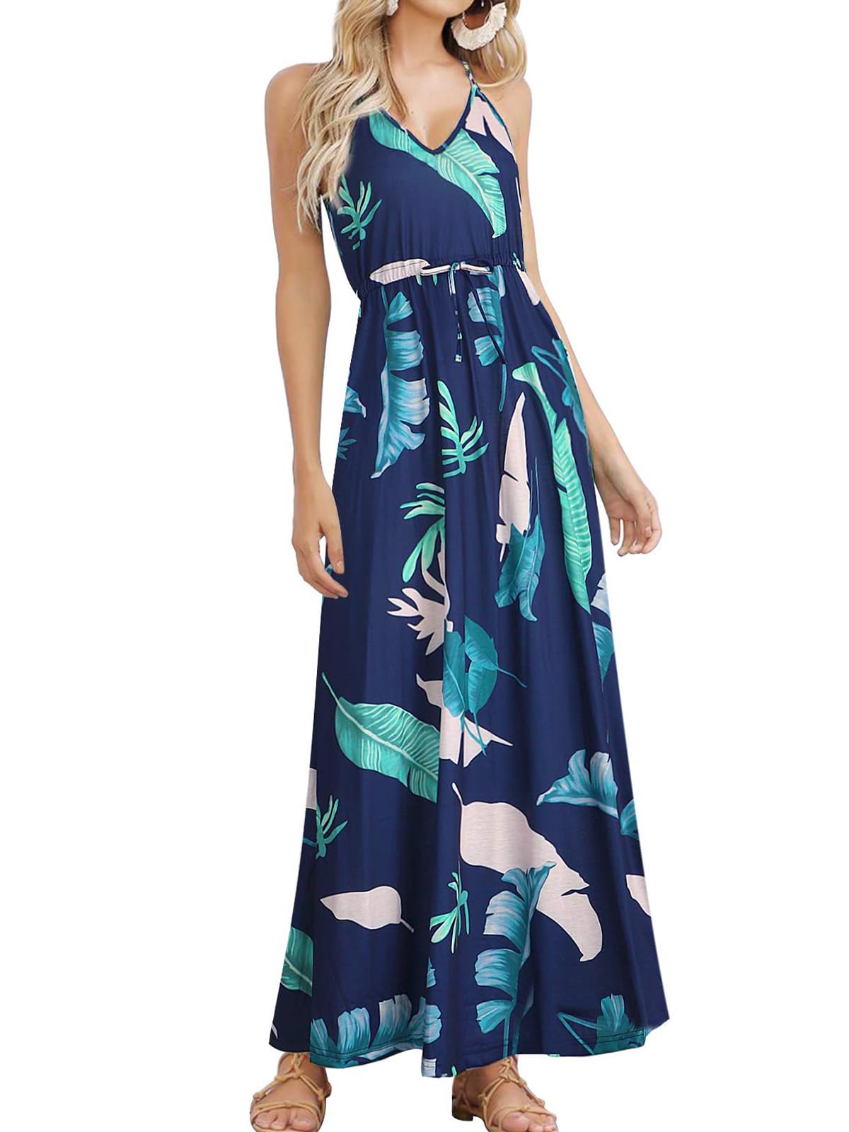 HUSKARY Womens Summer Sleeveless V Neck Spaghetti Strap Pockets Beach Boho Vacation Casual Spring Maxi Dress