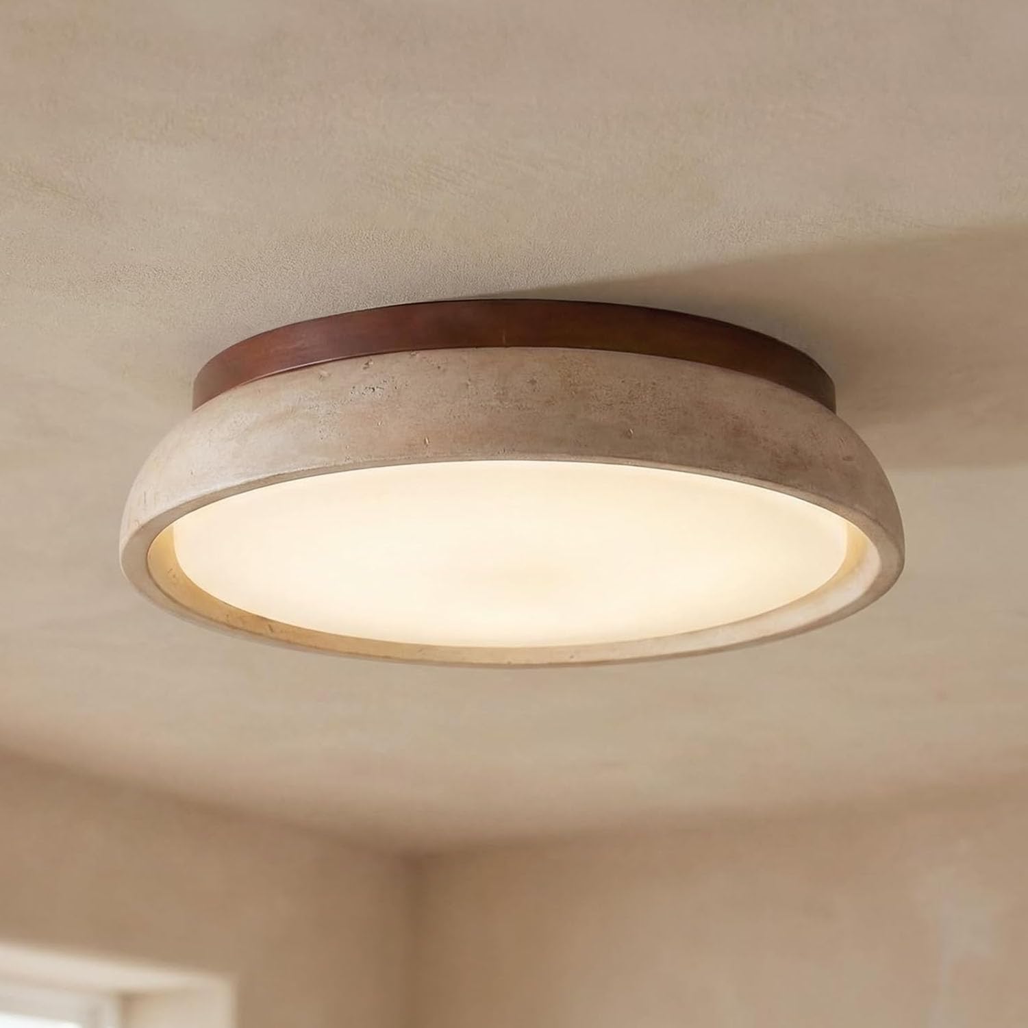 Plafón de Techo Travertino Natural – Lámpara LED de Luz Cálida Fija con Madera Maciza, Estilo Wabi Sabi Vintage para Salón, Dormitorio, Cocina, Luz cálida