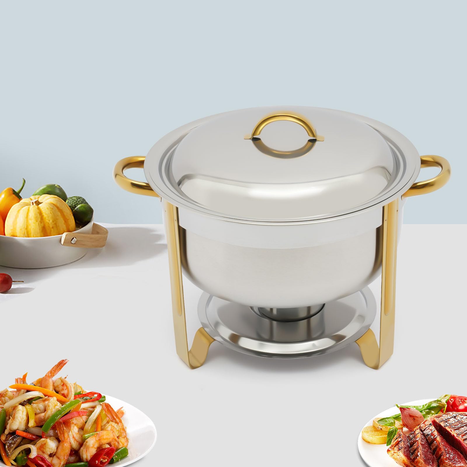 Chafing Dish - Calentador de alimentos redondo de acero inoxidable de 5 litros con tapa, recipiente para pasta de combustión y soporte, calentador de buffet dorado, para catering, fiesta