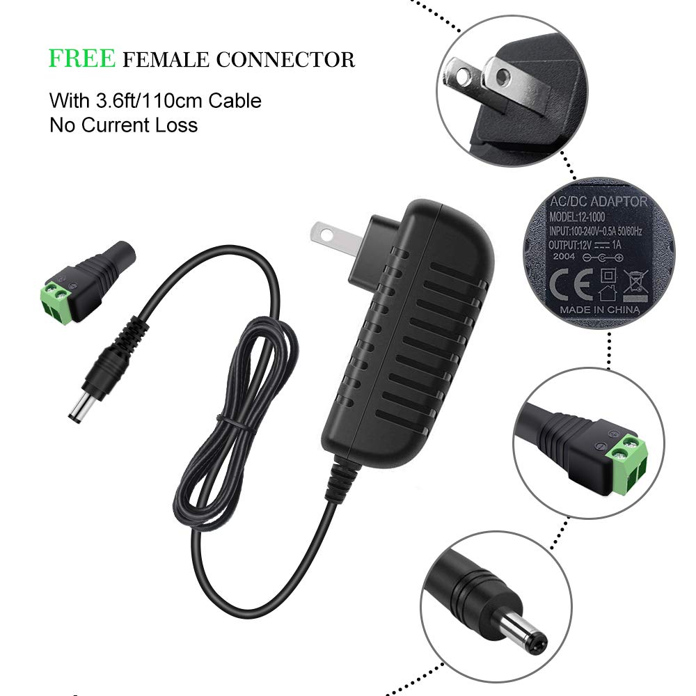 12V 1A (12W) Power Supply Adapter - AC 100-240V To DC 12V Transformer For LED Strips, Routers, Cameras (with Barrel Connector)