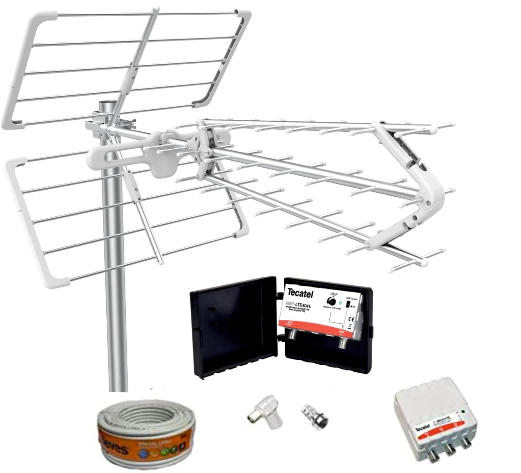 Kit Amplificado Antena TV 18 dB NIMO Infinity 5G + Rollo 20M + Amplificador 40dB UHF/VHF + Fuente alimentación + Conectores F Y TV.