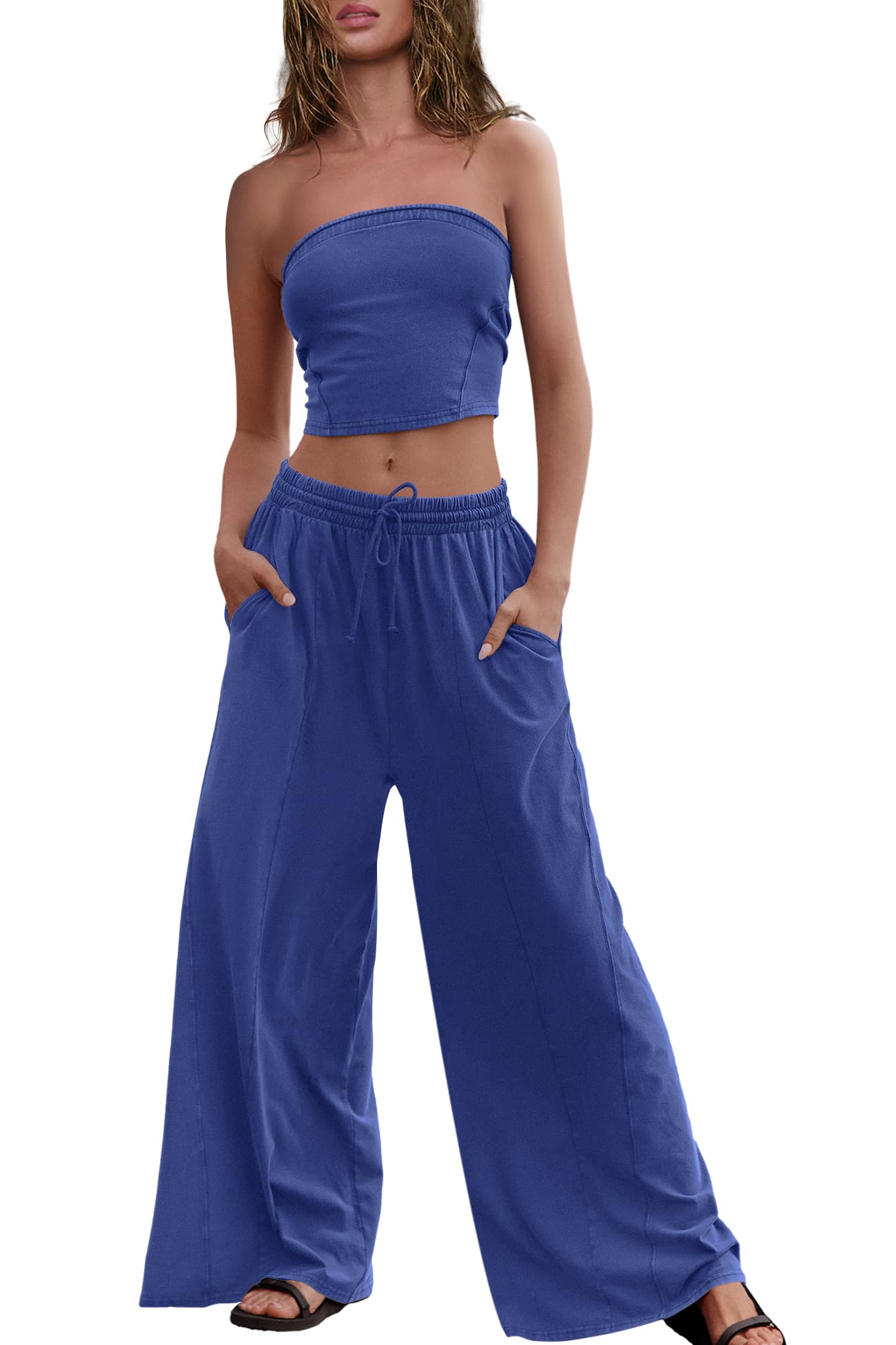 Panadila Womens Summer Lounge Sets 2 Piece Outfits Tube Top and Wide Leg Pants Matching Set Beach Vacation Clothes