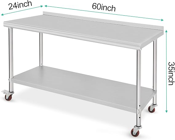 Kitchen Table Work Table Stainless Steel Commercial Kitchen Work Table with Shelf Back Panel on Wheels for Restaurant Home Hotel 152 x 60 x 89 cm