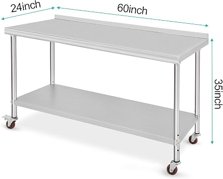 Kitchen Table Work Table Stainless Steel Commercial Kitchen Work Table with Shelf Back Panel on Wheels for Restaurant Home Hotel 152 x 60 x 89 cm