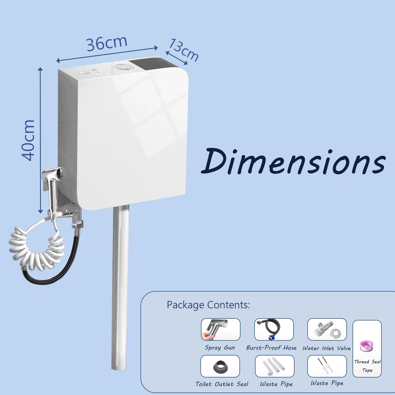 Depósito de inodoro de plástico de perfil bajo, diseño de ahorro de agua, mecanismo de descarga completo incluido, modelo silencioso blanco - ideal para renovación e instalación de baños.