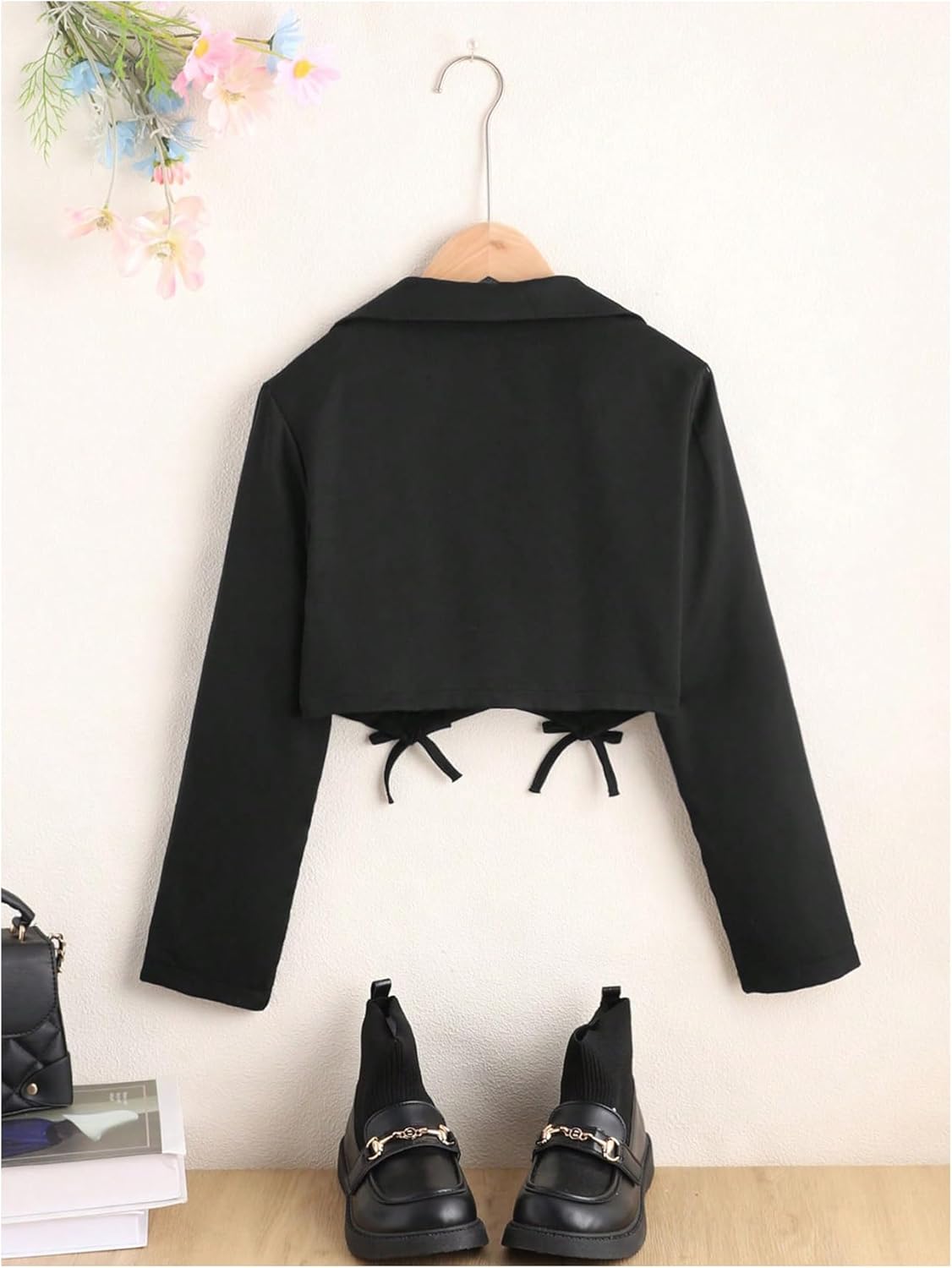 OYOANGLE Girl's Blazer Jacket Bow Lapel Long Sleeve Button Front Dressy Cropped Suit Coat - Image 2