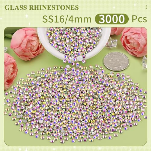Image of 3000PCS SS16 /4mm Crystal Glass Rhinestones for Bedazzling (Crystal AB) | Flatback Rhinestones for Crafting DIY Nail Art Makeup Decoration, Gems Diomand Charms for Tumbler Shoes Clothing Mug