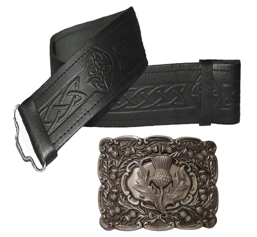 Maze Leather Kilt Belt Embossed and Black Thistle Buckle
