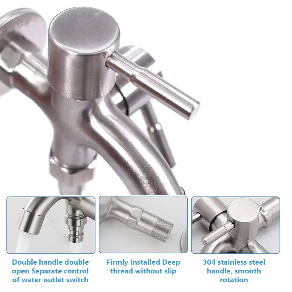 HASTHIP® 1/2 Inch Garden Tap, Two Way Tap, 304 Stainless Steel Faucet, Flush Mounted Washing Machine Faucet Separated Valve, Universal Multipurpose 2