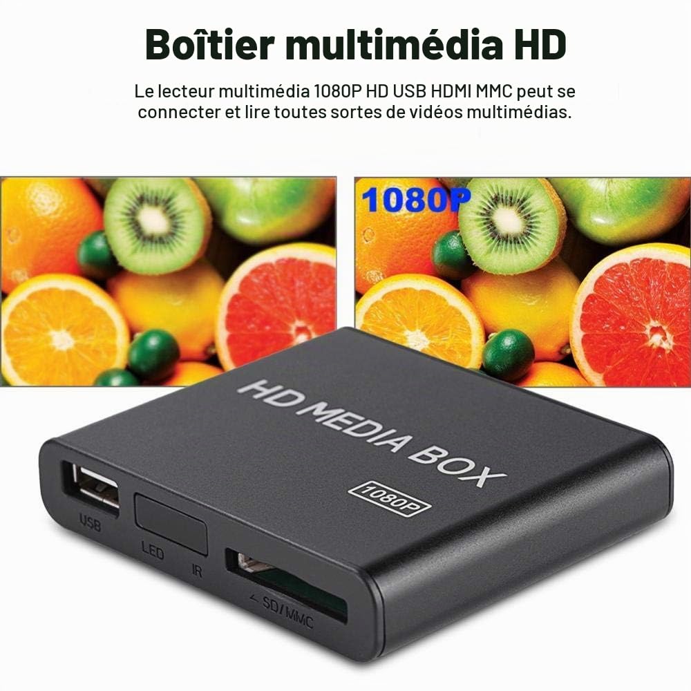 Mugast Mini Media Player Box, Lecteur Multimédia Vidéo Full HD 1080P avec Télécommande, Supporte Le Disque Dur Portable USB MMC RMVB MP3 AVI MKV(EU)