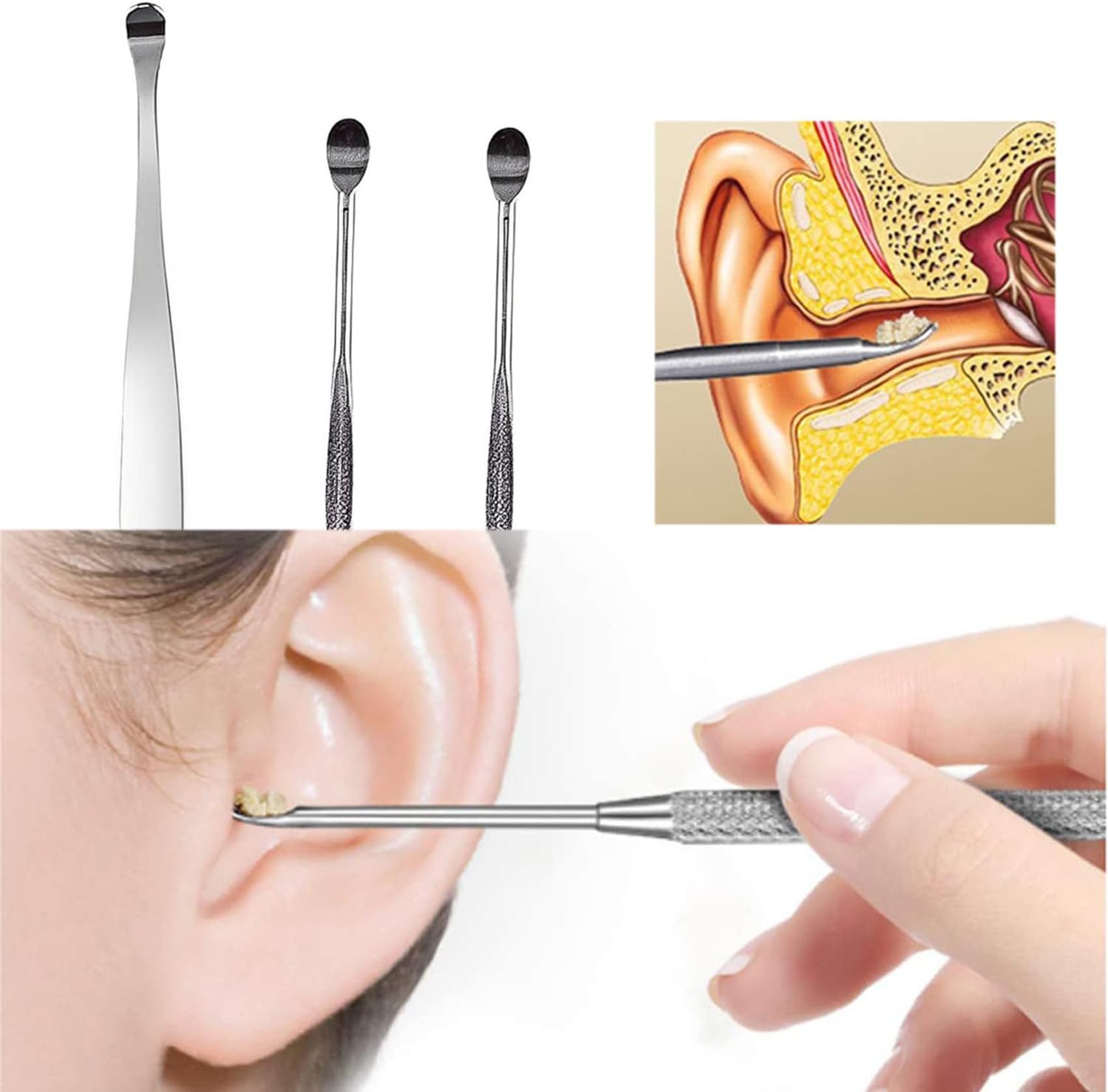 Pulisci Orecchie, 6 Pezzi Kit Pulizia Orecchio, Strumenti per Pulizia dell’Orecchio in Acciaio Inox, Pulisci Orecchie Cerume