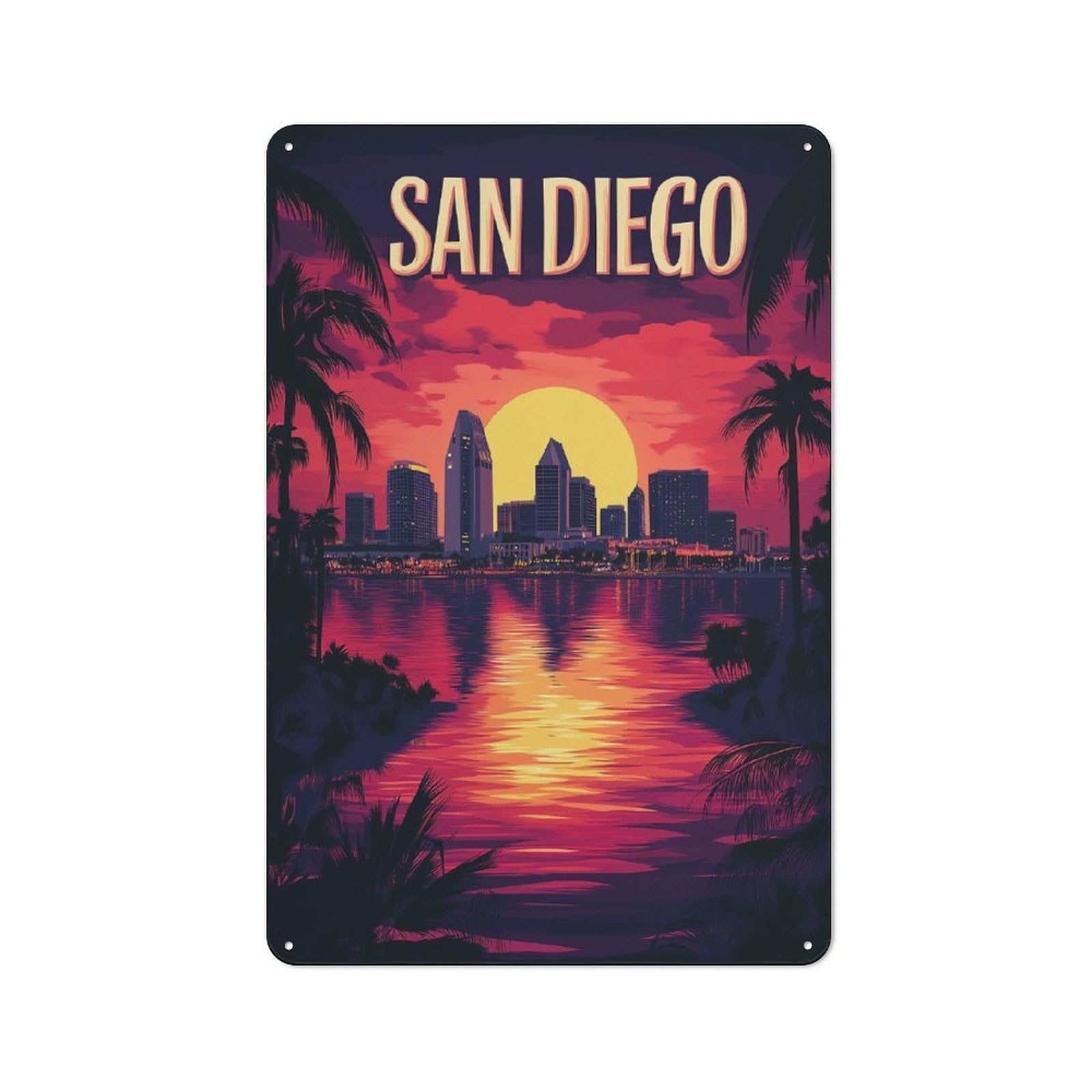Vintage San Diego Sunset Skyline Metal Wall Sign 30x20cm, Shed Wall Plaque for Garage, Workshop, Shed Or Utility Room