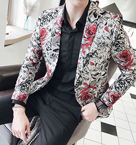 OUYE Men's Red Black Rose Print Casual Blazer4