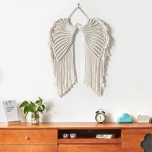 Miniatura 6 de Artilady Decoración de pared de alas de ángel, tapiz colgante de atrapasueños de macramé, tapiz tejido a mano, elegante decoración bohemia para