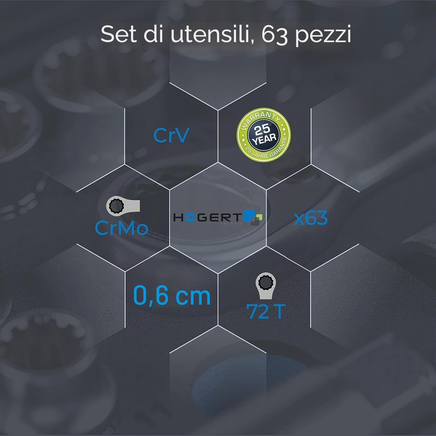 Högert Technik - Set di utensili da 63 pezzi Valigetta portautensili Chiavi a bussola, punte e accessori 1/4” Cr-V Stampato a stampo I Meccanismo a cricchetto con 72 nottolini