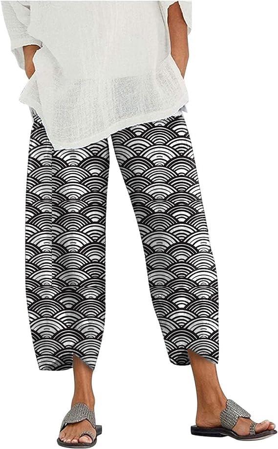 domirica Boho Pants for Women Gold Flower Print Plus Size Casual Travel Cotton Pants with Pockets Comfy Elastic Waist Relax for Holiady Lightweight House Trousers,L at Amazon Women’s Clothing store - view 2