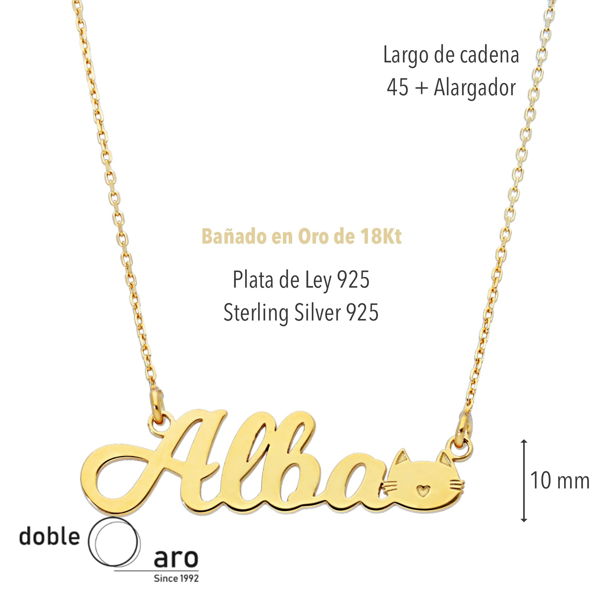 Colgante Personalizado con Nombre - Plata de Ley 925/1000 para Mujer – Collar Artesanal con Cadena Ajustable - Hecho en España (Modelo Cat Oro, Plata de Ley)