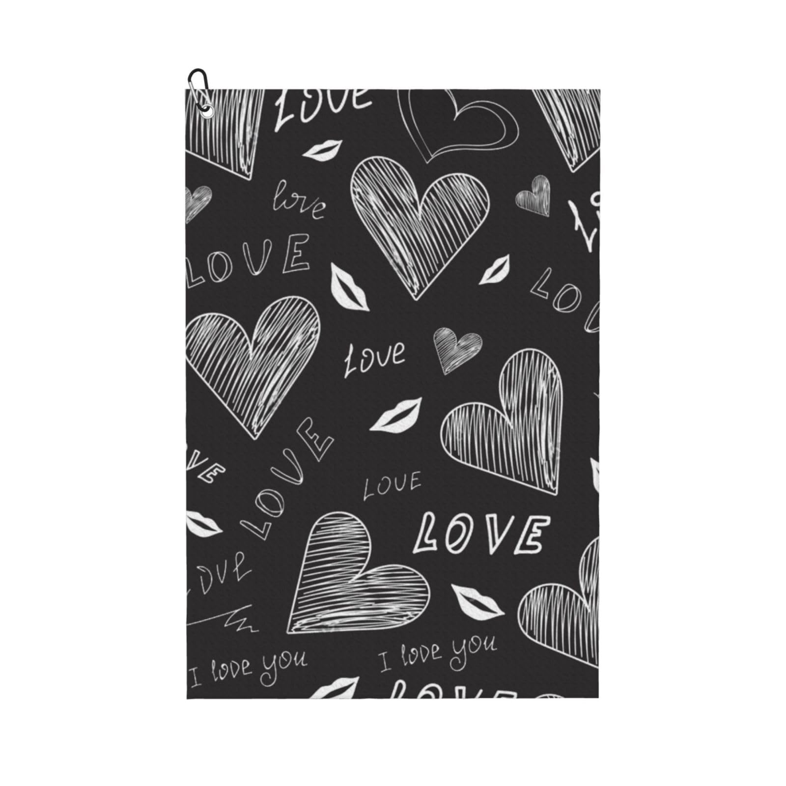 Hnnkloy Handwritten Hearts Words Love, 16x24 in Portable Waffle Golf Towels with Carabiner Clip for Golf Bag