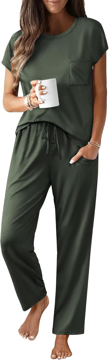 Ekouaer Womens Pajama Sets Cap Sleeve Sleepwear Tops and Long Pants Comfy Pjs 2 Piece Lounge Set with Pockets S-XXL