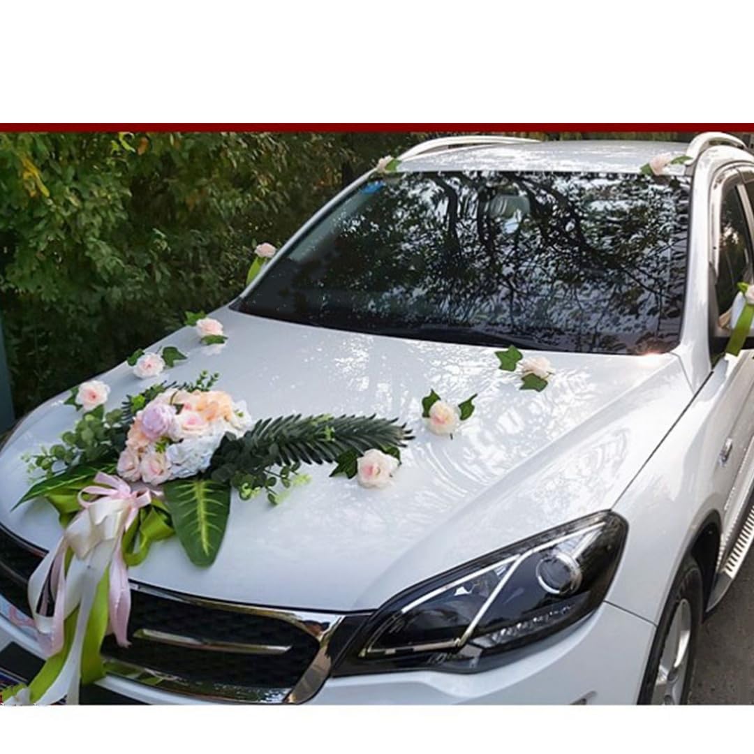 Autoschmuck Hochzeit Künstliche Seidenblume mit grüne Blätter Autoschleifen Girlande Motorhaube Autotürgriff Hochzeit Deko Blumenschmuck Hochzeitsauto Deko für Hochzeit Verlobungsfeier rosa