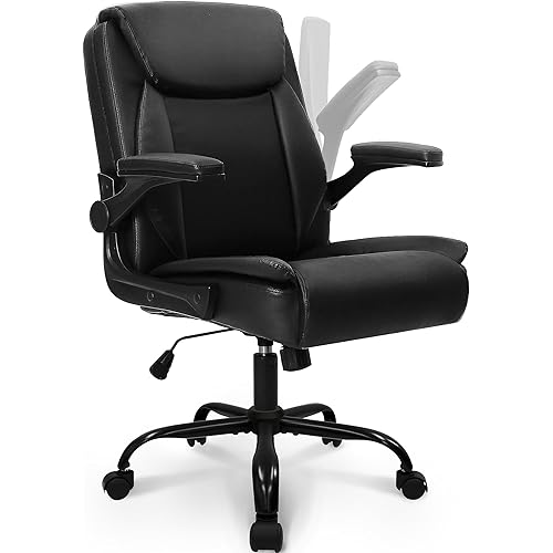 NEO CHAIR Office Desk Computer Chair Ergonomic Executive Mid-Back Leather Gaming Chair with Adjustable Flip-Up Armrests Wheels Swivel for Home Study Task (Jet Black)