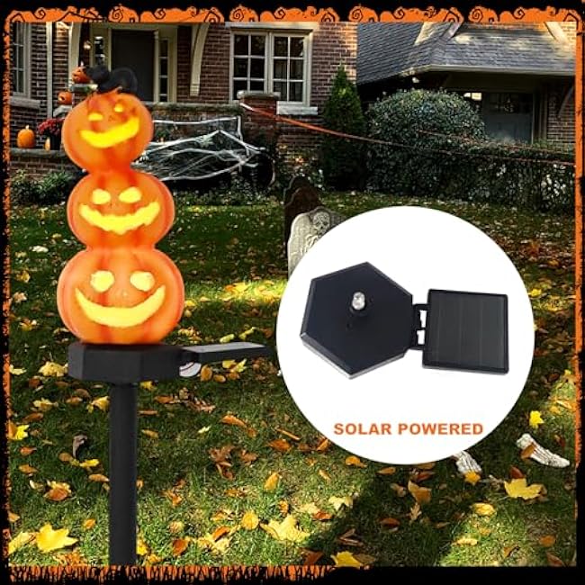 Halloween Pumpkin Decorations Stacked Pumpkin Yard Stakes Solar Pumpkin Lights-Light Up Pumpkin Decor Outdoor 4 Pack 17.5 with Led Bulb for Yard Garden Lawn Decor