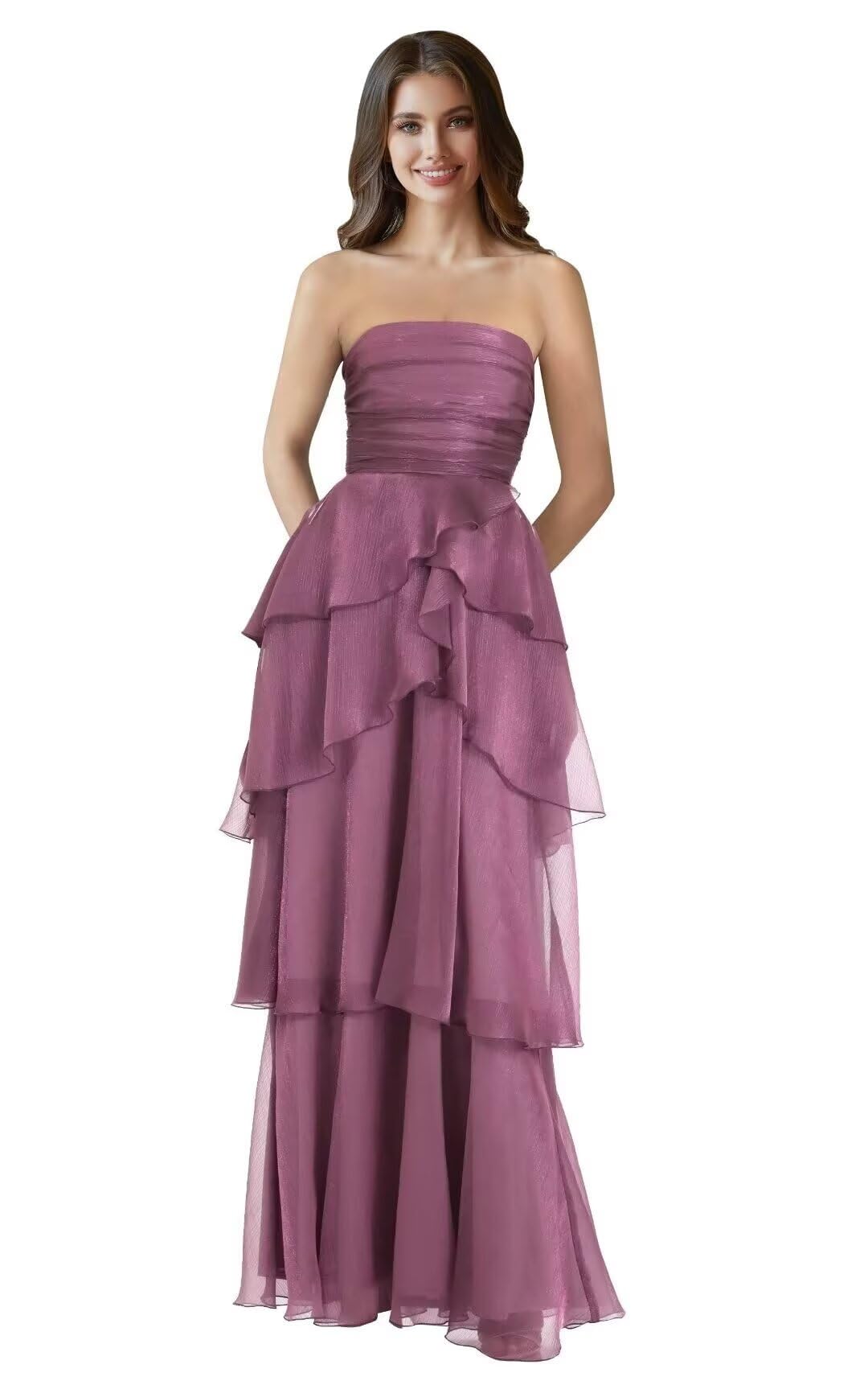 Tiered Tulle Prom Dress Strapless Ruffles Long Ball Gown A Line Ruched Formal Party Dress for Women