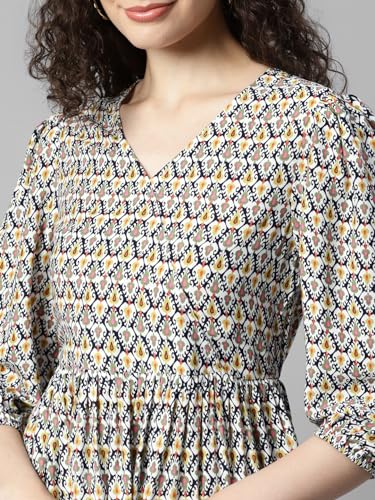 Image of DEEBACO Women's Ethnic Motif Print Rayon Top & Pants Co Ord Set For Women V Neck 3 /4 Puff Sleeve Ladies Party Casual Wear Fashionable For Girls Loose Fit Cord Set (DBCOMR00000979 M Multicolor)