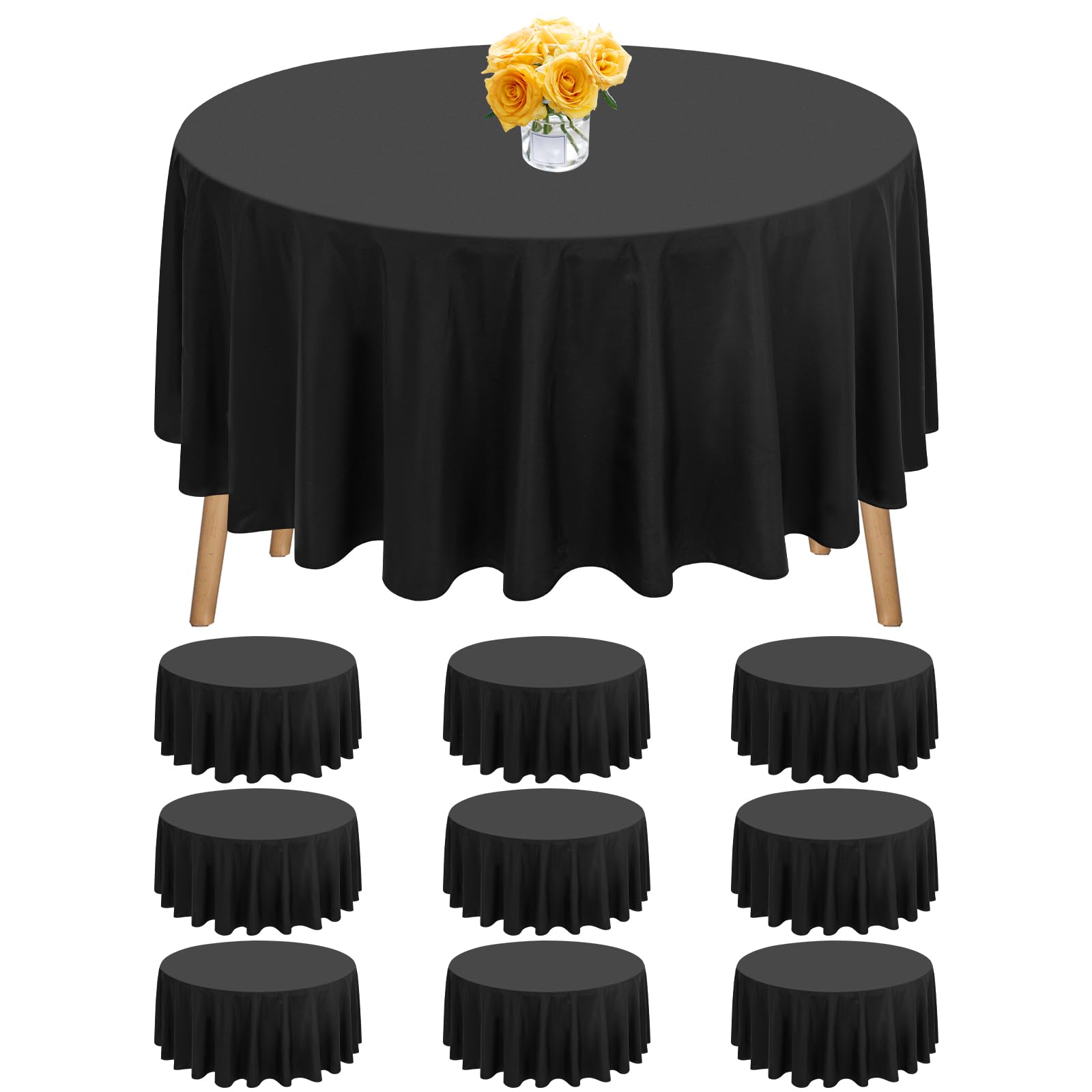 FXKS 10 Pack Black Round Tablecloth 229 cm Circle Polyester Table Cloth, Washable Fabric Stain and Wrinkle Resistant Table Cover Round Table Clothes for Wedding Parties Banquet Reception Dining