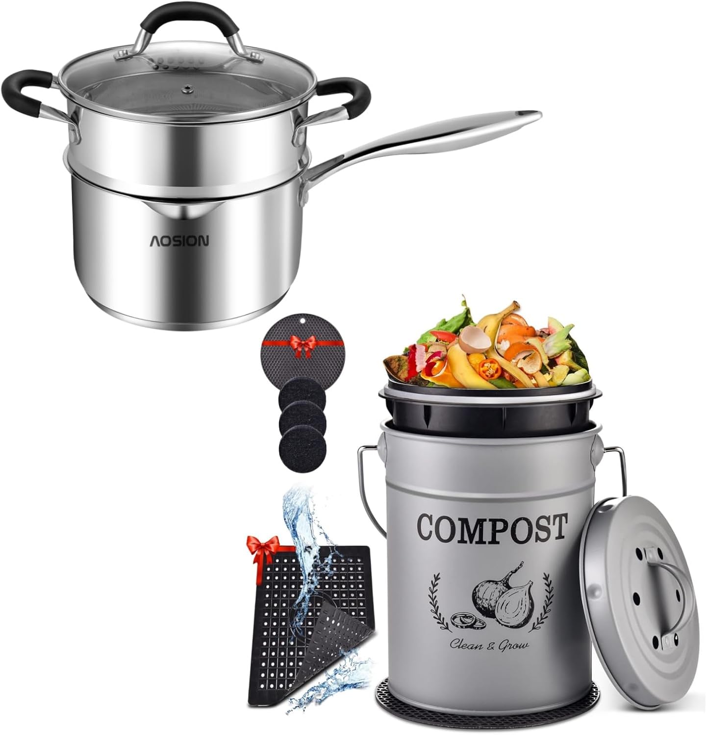 AOSION 3.5 Quart Stainless Steel Saucepan with Steamer Basket,Tri-ply Full Body Steamer Pan,Two Side Spouts for Easy Pour with Ergonomic Handle,Perfect for Vegetables,Boiling,Pasta,Noodles