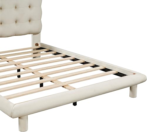 Miniatura 283 de Base de cama flotante tamaño Queen con luces LED y carga USB, marco de cama LED de plataforma tapizada moderna, no necesita somier (blanco-1)