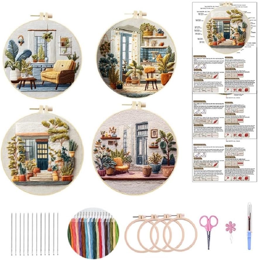 HAOYEGUOJI 4 Pack Embroidery Kit for Beginners, Hand Needlepoint Kits for Adults with Pre-Stamped Patterns, 7.8-Inch Hoop, Threads & Needles, Step by Step Instructions (7.75 in)