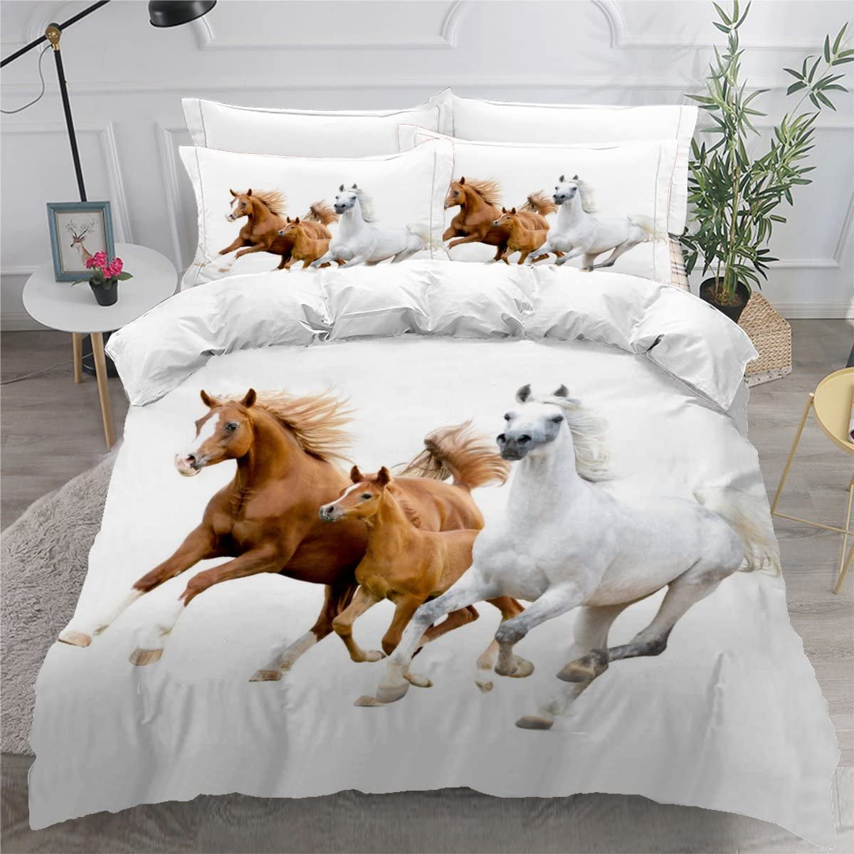 Housse de couette 220x240 cheval 3D lit 2 personnes blanche avec zip