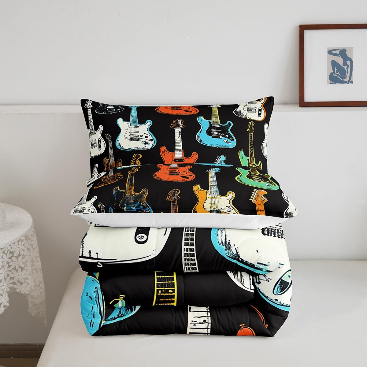 Castle Fairy Juego de ropa de cama de guitarra colorida, tamaño matrimonial, edredón de instrumentos musicales para niños, adolescentes, amantes de la música, bajo rock, edredón de plumón, estilo
