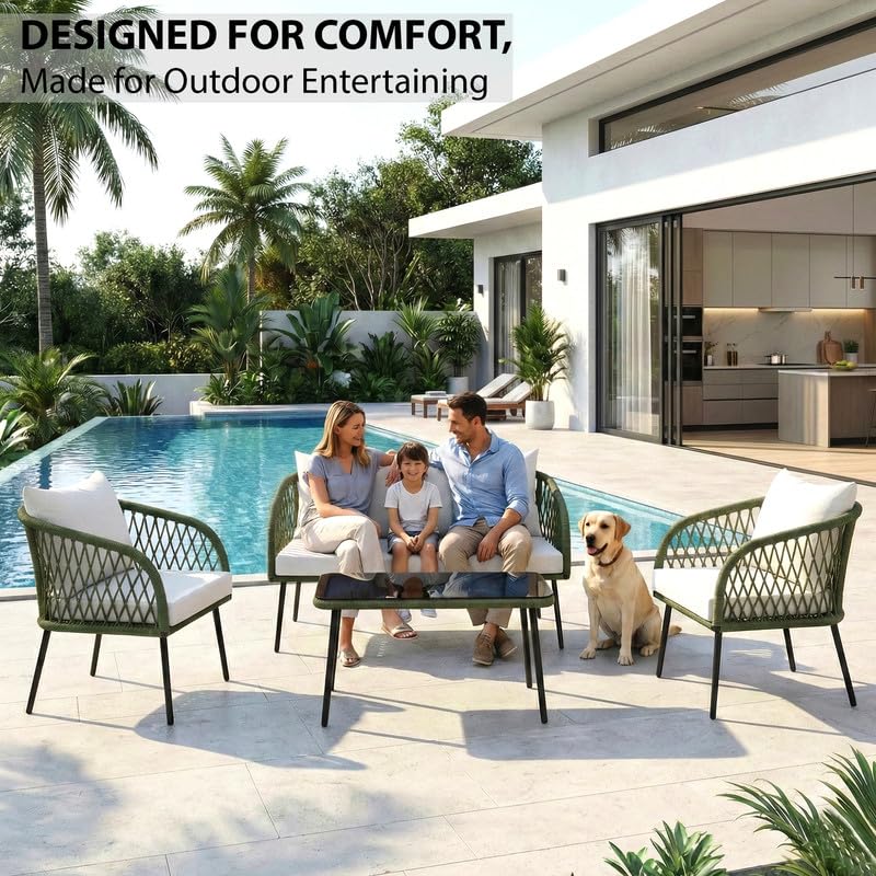 Image of OUTLIVING Braid Rope & Metal Frame Outdoor 4-Seater Sofa Set with Tempered Glass Top Center Table, Water-Repellent Cushions & Handwoven Design for Patio, Garden and Balcony (Green and White)