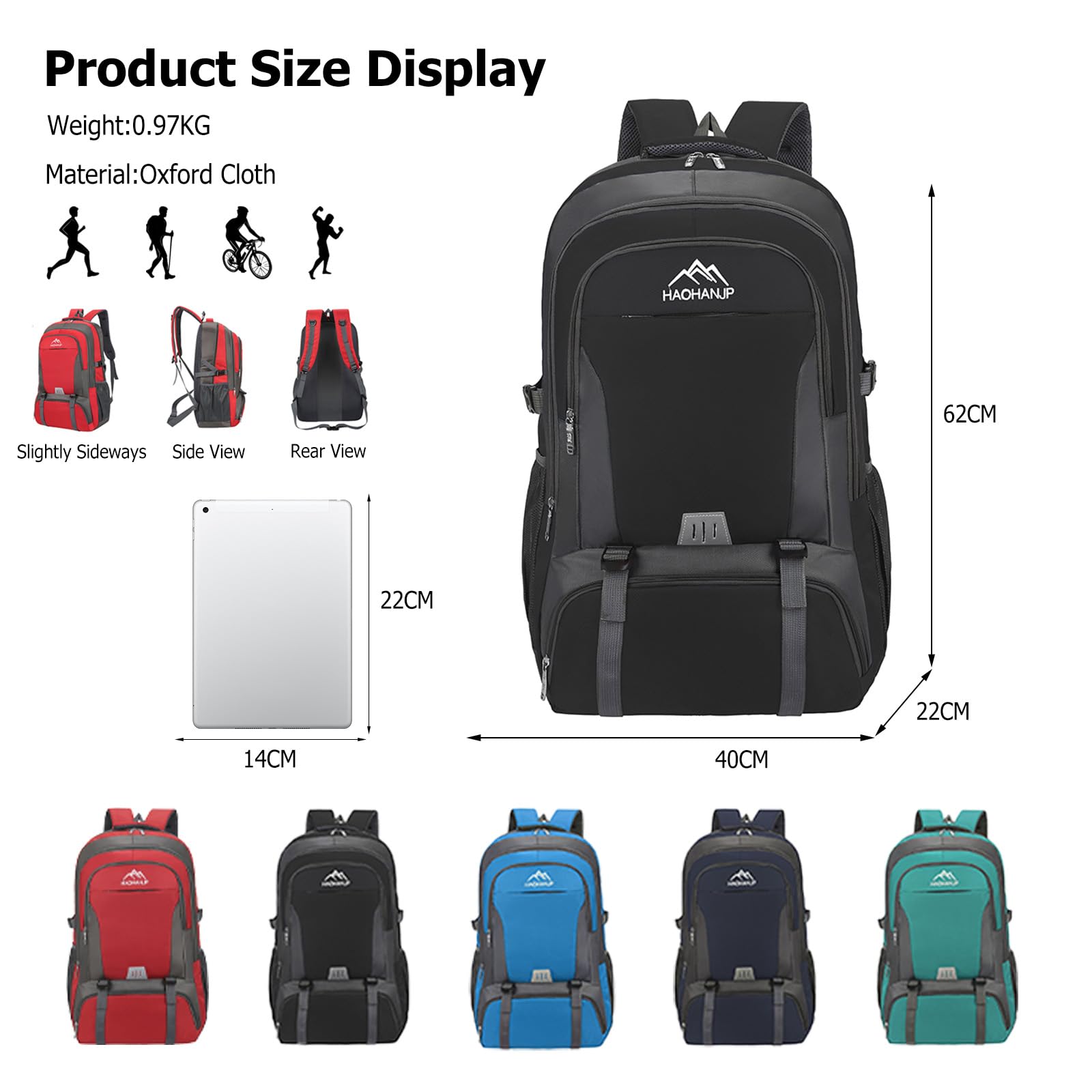 55L Zaino da Trekking Zaino Grande Impermeabile Zaini Hiking Backpack per Donna Uomo Campeggio Arrampicata Viaggio Sport Nero
