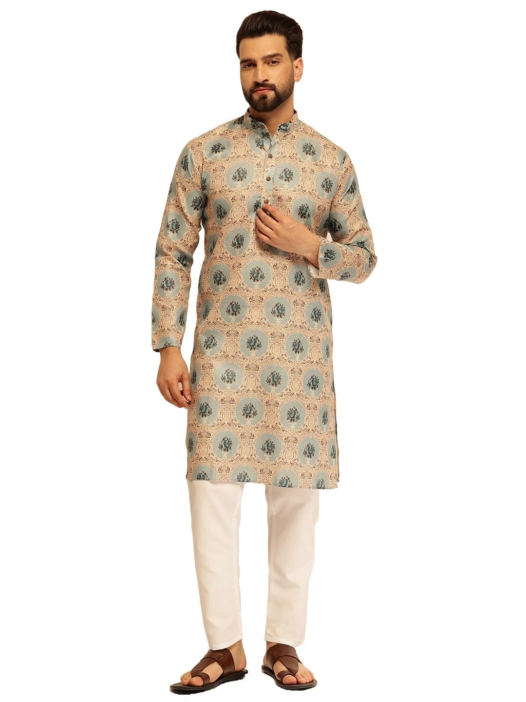 (Since 1958 Men's Cotton Linen Printed Kurta With White Pyjama