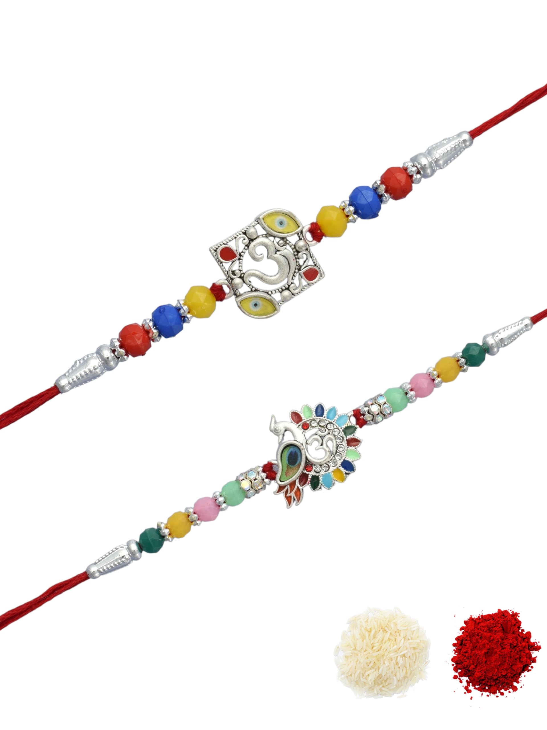 Premium Traditional Silver Plated Combo of 2 Cotton Thread Multi-coloured Beaded Festive Rakhi for Brother, Bhaiya, Bhai, Kids with Roli Chawal and Greeting Card for Raksha Bandhan-62-image-14