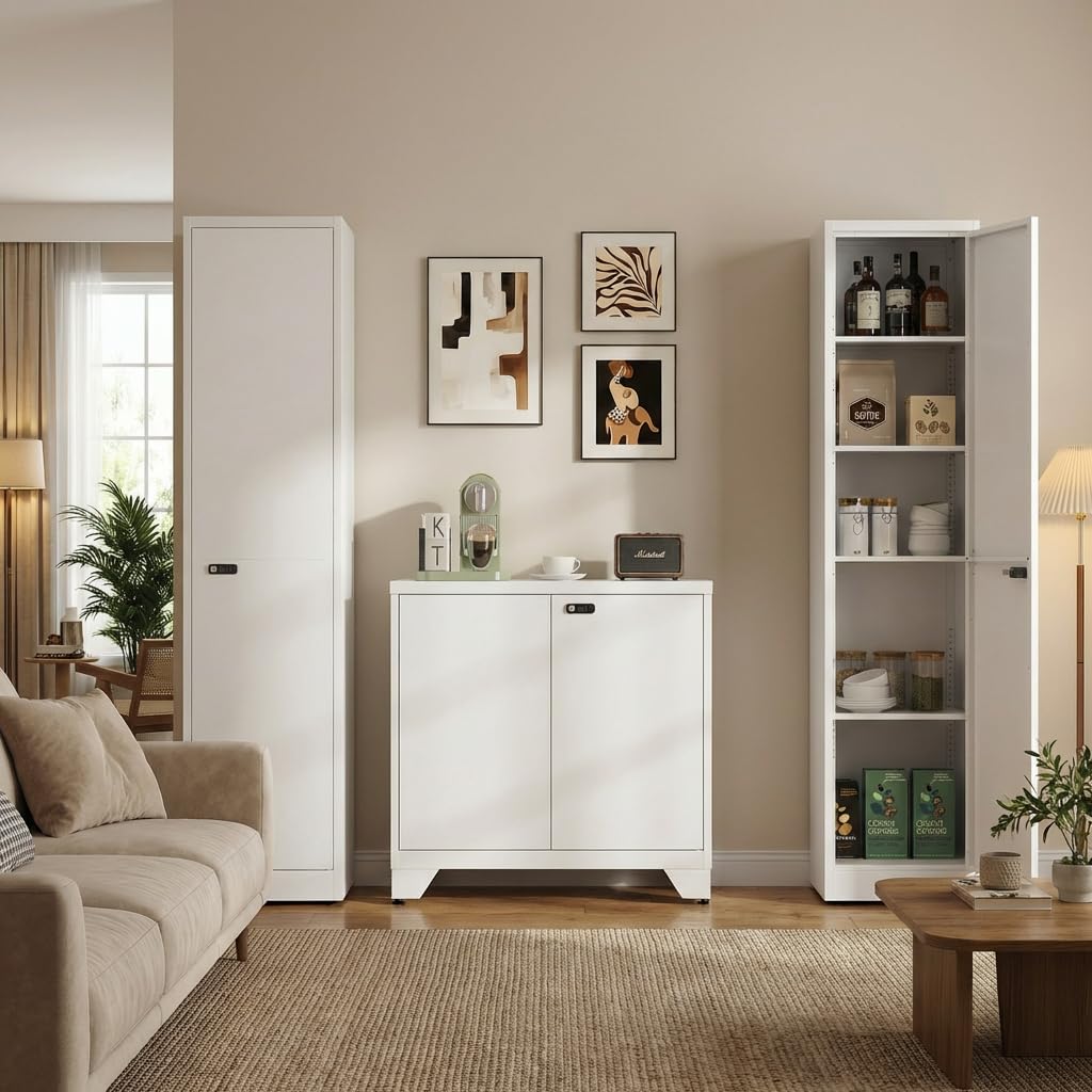 Schließfach, Schmaler Schrank 40 cm breit, Metallschrank Abschließbar, Aktenschrank mit 1 Tür & 4 Einlegeböden, Kleiderschrank für Ecke, Badezimmer, Küche, 180x40x35cm Weiß