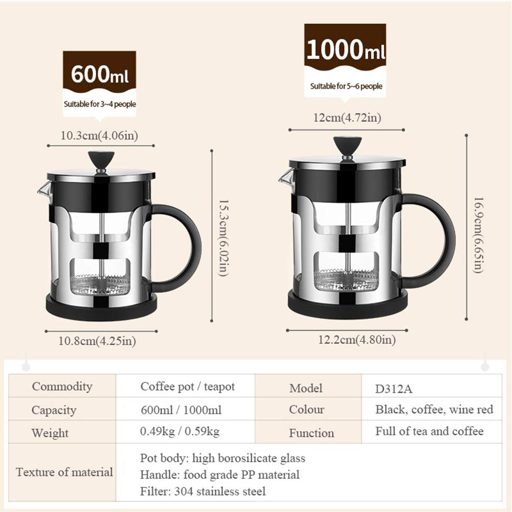 LIDS Cafetera Portátil Prensa Francesa Cafetera, Olla De Prensa De Café De Vidrio De Borosilicato, Hervidor De Café Espesado Resistente Al Calor para Té Pote De La Cafetera del Filtro (600ml)