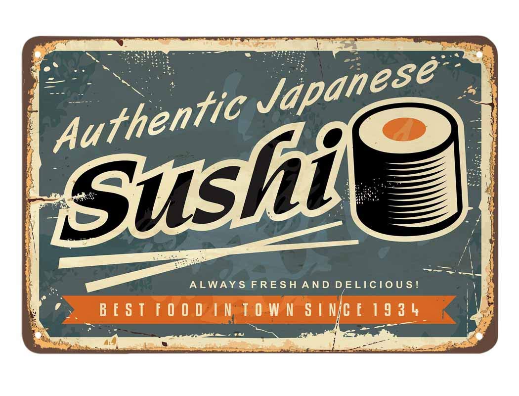 peiyeety Vintage Metal Tin Sign Sushi,Scratch Food Delicious Japanese Fresh Rice Roll Snack Restaurant Hanging Plaque Kitchen Poster Cafe Bar Pub Store Man Cave Art Novelty Designs 8x12inch Aluminum