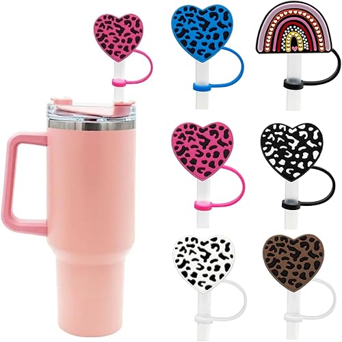 Tapa de popote de silicona para copa Stanley, 6 unidades, diseño de corazón de San Valentín, diseño de corazón de leopardo, cubierta de popote de disponible en Yaxa Colombia