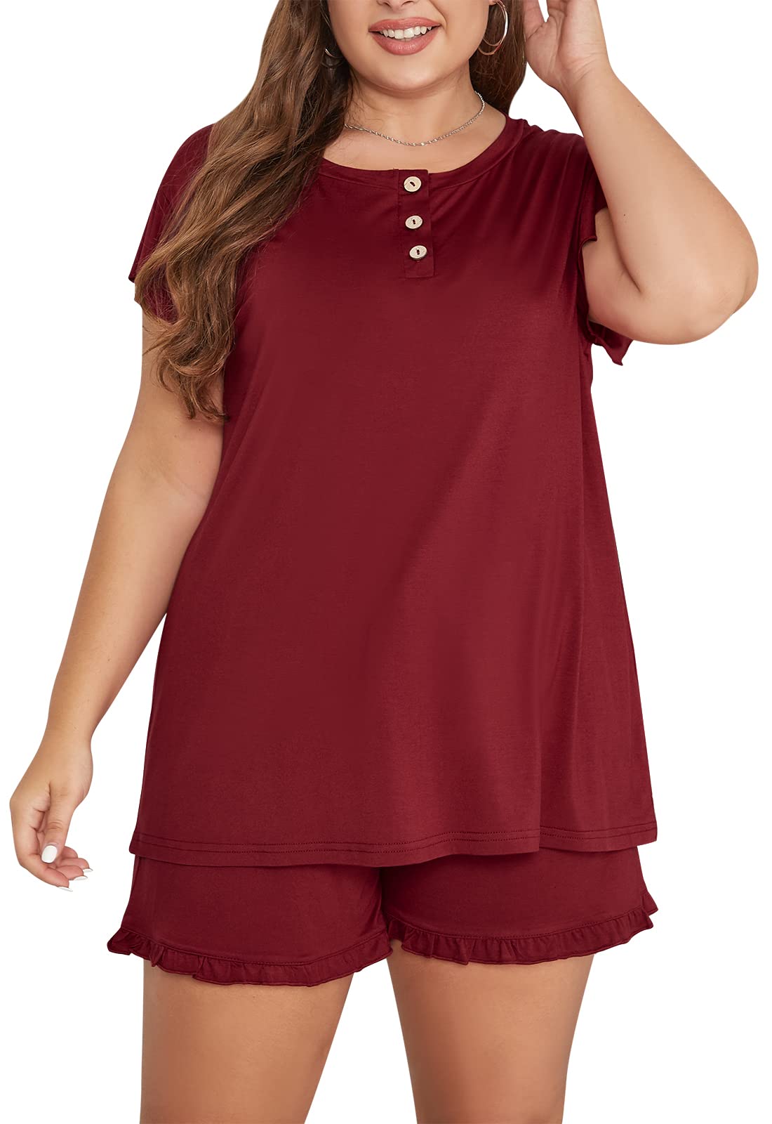 Celkuser Womens Plus Size Cute Short Pajama Set Ruffle Sleeve Button Sleepwear Soft PJs CEL1002