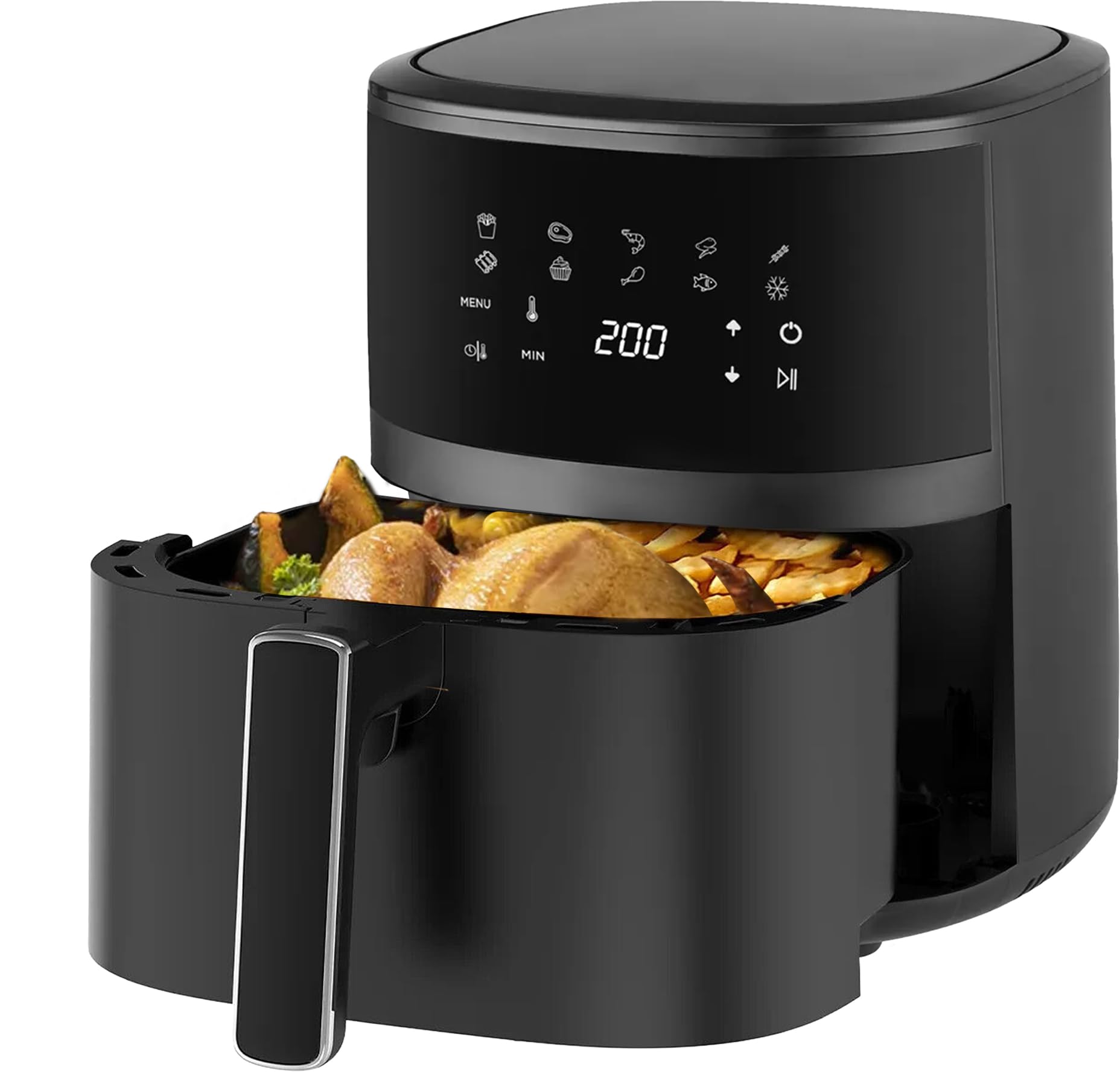 Extralink Freidora Aire 4.2L 1400W con 10 Funciones de Cocina – Airfryer Compacta, Eficiente Energéticamente, Pantalla Táctil LED, Apta para Lavavajillas, 90% Menos Grasa, 80°C a 200°C