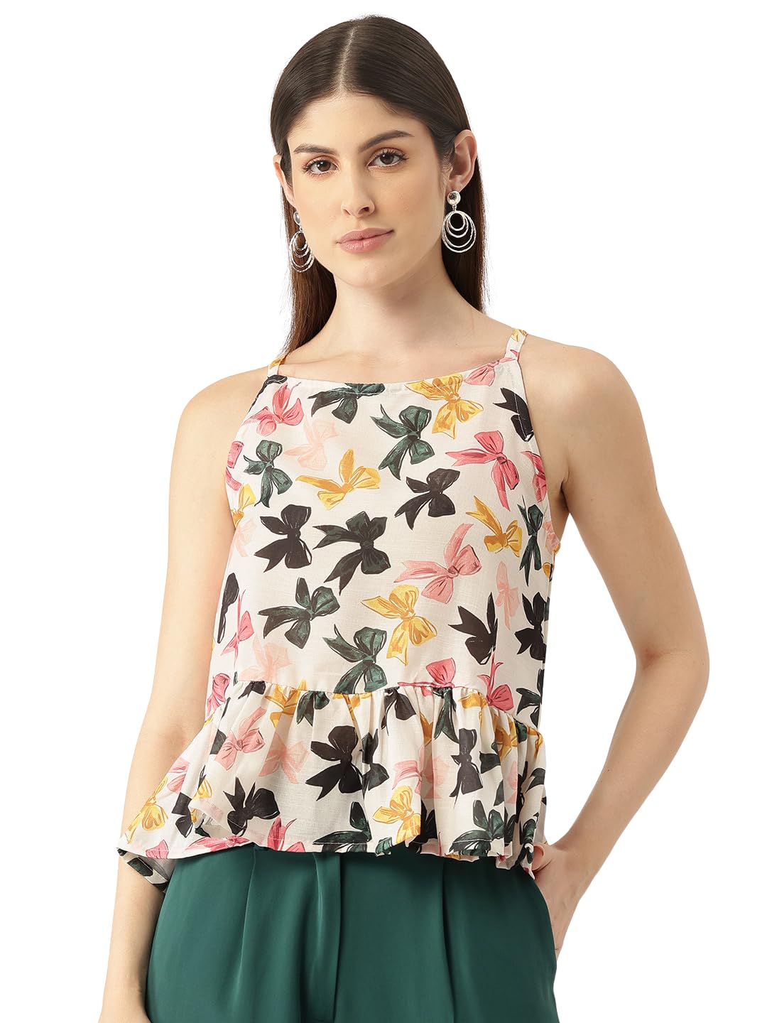 feranoid Cropped Sleeveless Strap Peplum top with Digital Print on Linen Fabric.