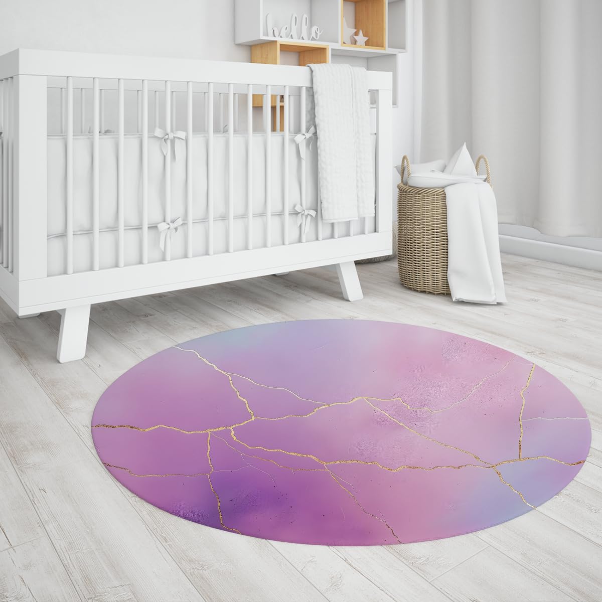 Gold Cracks rutschfeste Rundteppiche 100cm Lila Rosa-Gold Marmor weicher waschbarer niedriger Runder Teppich für Wohnzimmer Schlafzimmer Haustür