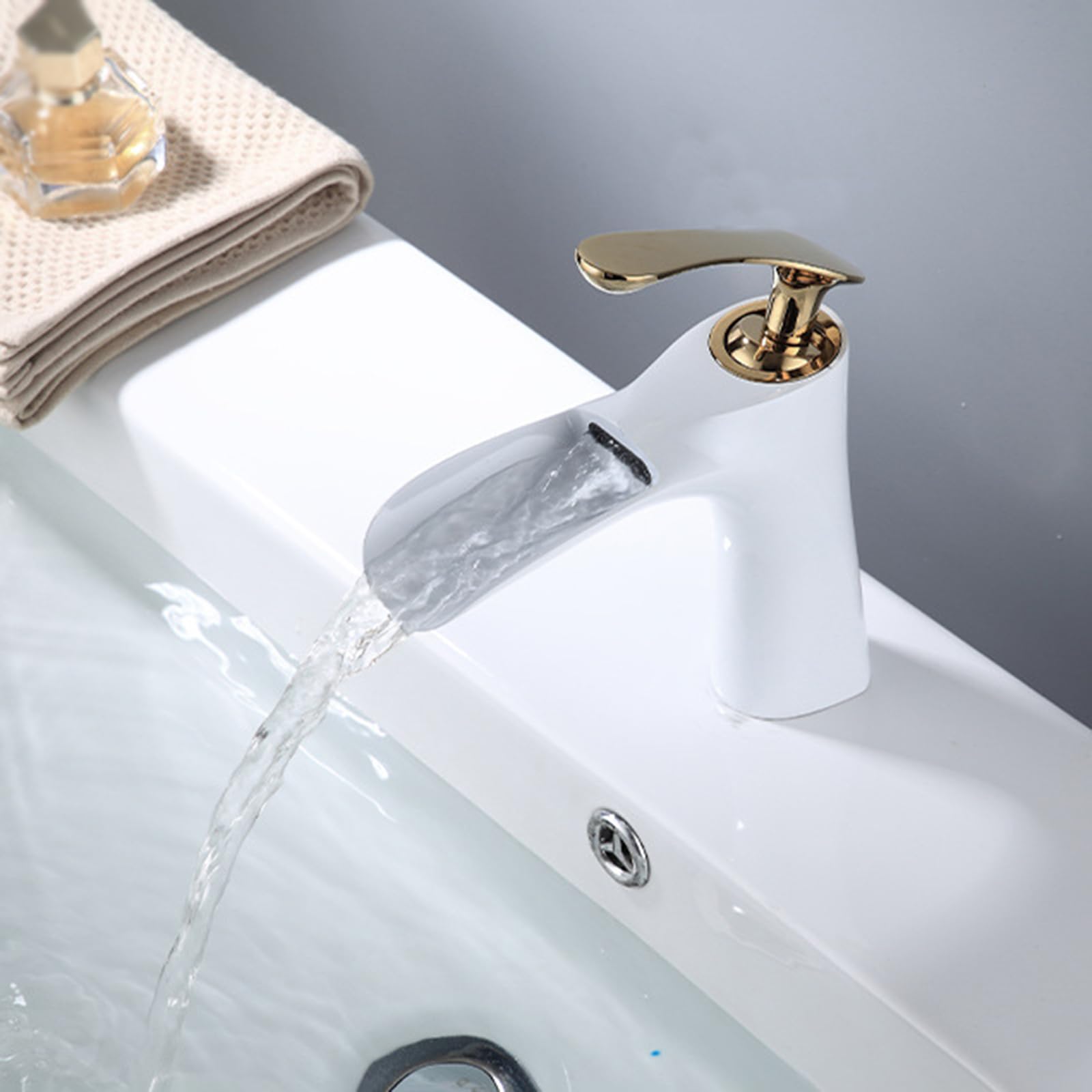 SOHNVWTGD Waterfall Wash Basin Taps Open Single Hole Bathroom Mixer Tap Brass Waterfall Tap,White+Gold