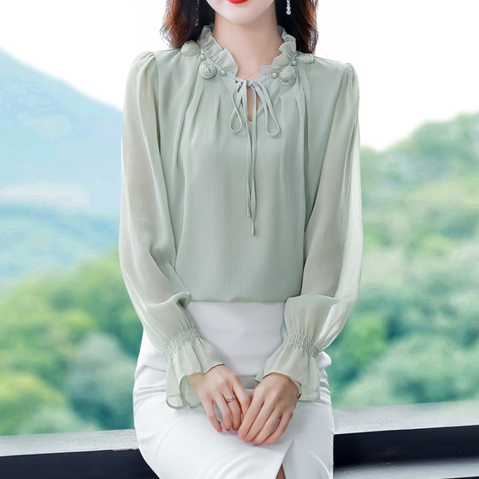 美品 イクナ スズキタカユキ リネン バンドカラー フリルスリーブ ベージュ 1 美品 イクナ スズキタカユキ リネン バンドカラー フリル