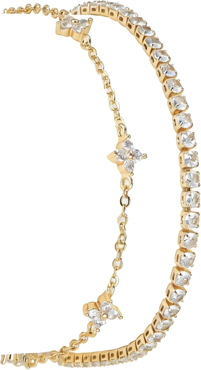 EXGOX 2pcs Gold Hand Chain, Dainty Adjustable Gold Plated Ring Hand Chain Bracelet for Women, Boho Non Tarnish Jewelry Set for Party Wedding Layered Sterling Silver Bracelets for Women for Gift